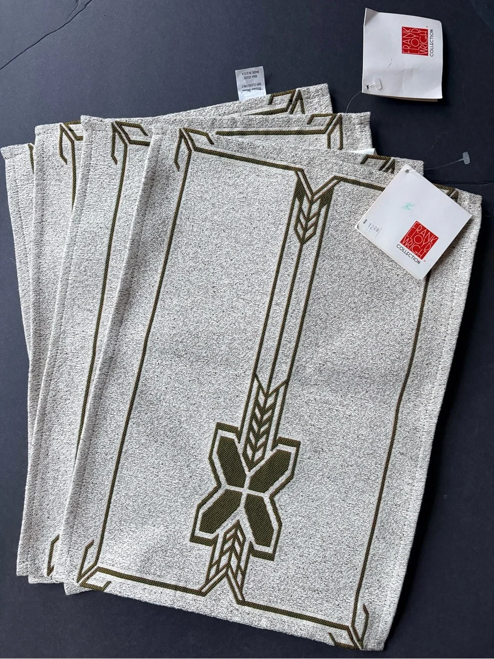 Set of Neutral Linen-Look Placemats with Olive Geometric Border
